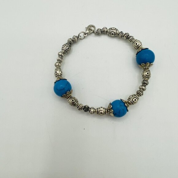 Faux Turquoise Bead Silver Tone Bracelet - Picture 2 of 5